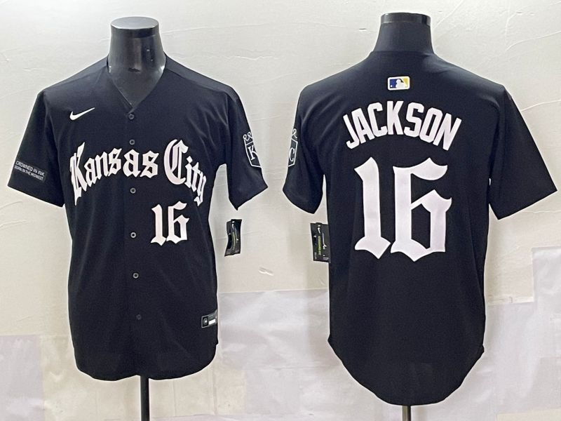 Men 2025 Kansas City Royals #16 Jackson Black Five generations Joint Name Nike MLB Jersey style 9
